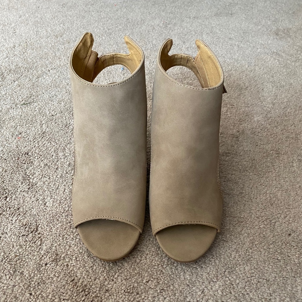 Brash Taupe Faux Quede Wedge Open-Toed Heels